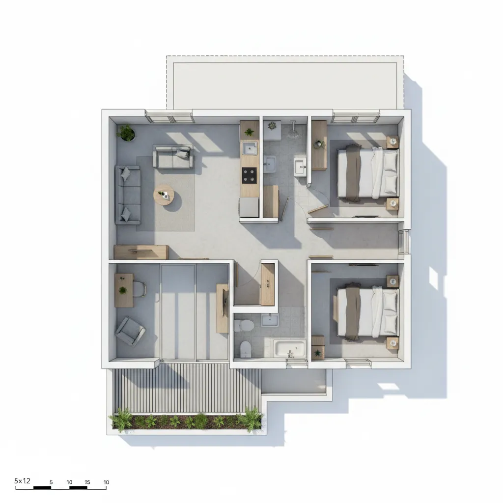Top down 3D room layout showing two bedrooms kitchen living room and a front garden