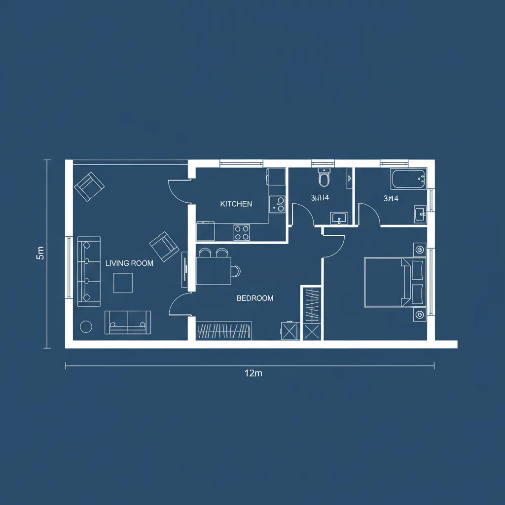 Simple 2D floor plan showing living room kitchen bedroom and two bathrooms on blue background