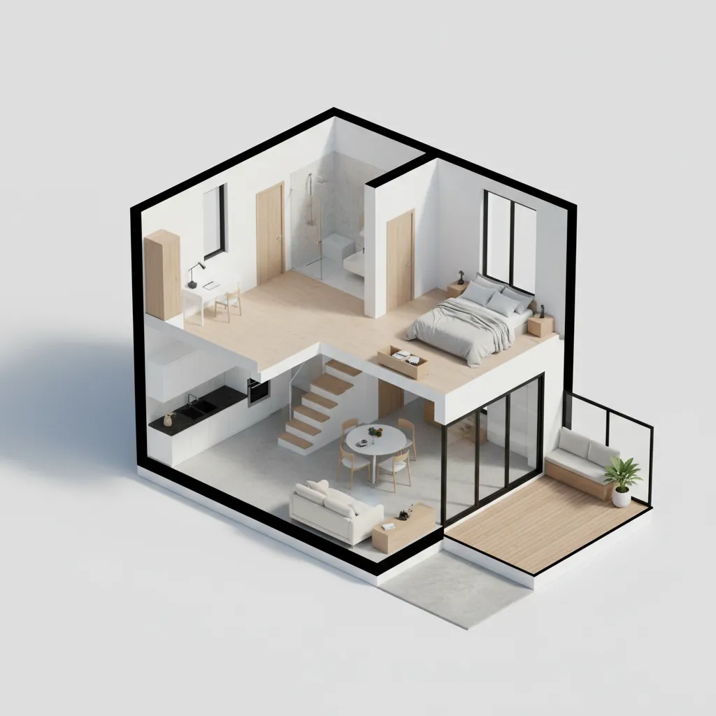 Interior design drawing of small two story home showing living room kitchen bedroom and balcony