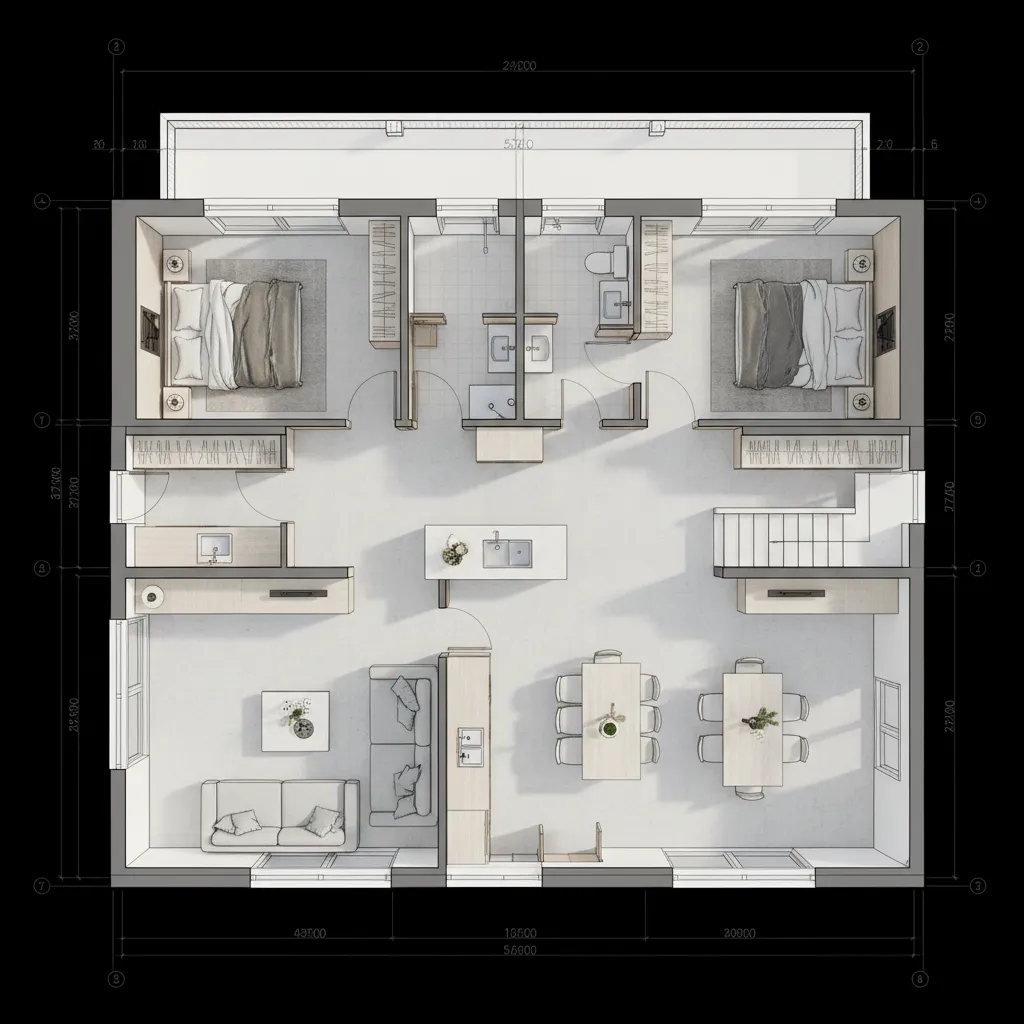 Modern interior design drawing showing two bedrooms kitchen and living area with sofas and tables