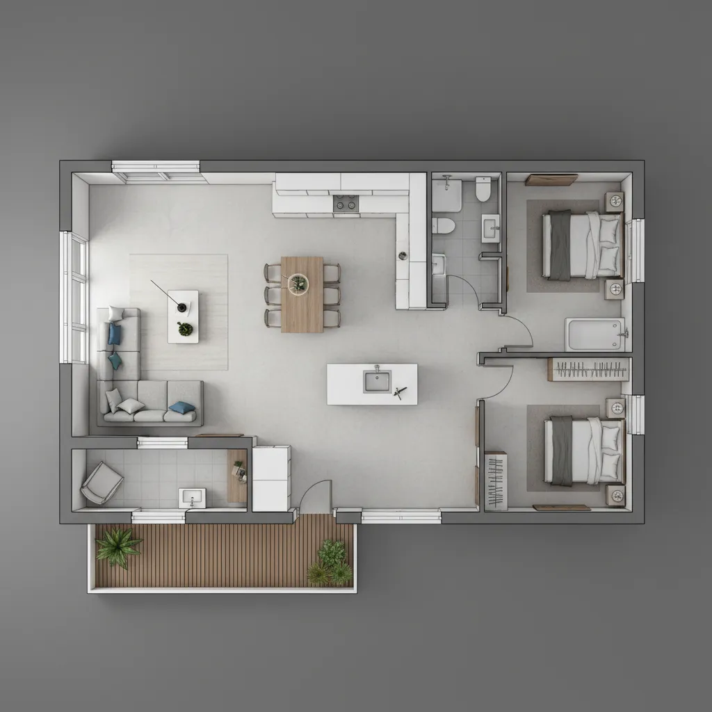 Modern apartment interior design drawing with grey sofa wooden dining table and two separate bedrooms