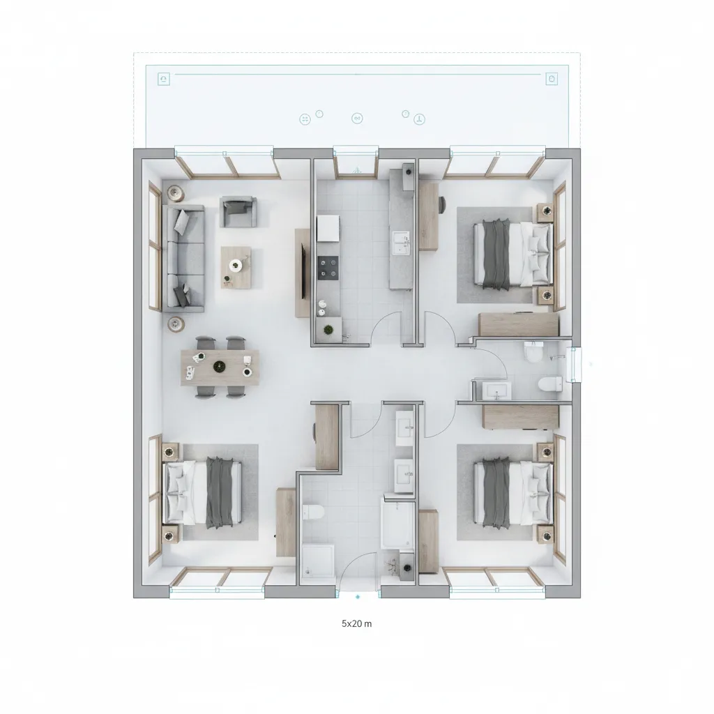 Contoh denah rumah 5 x 20 meter dua kamar