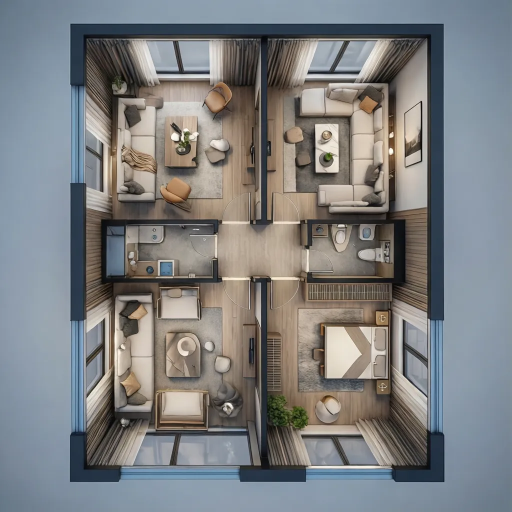 Top-down 3D interior design drawing showing two living areas, a bedroom, and two small bathrooms
