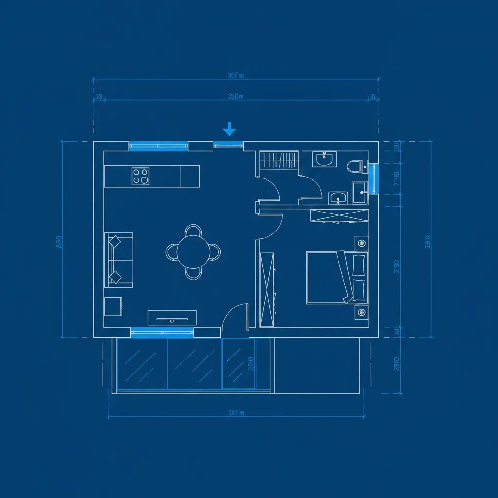 Blue interior design drawing showing a small house floor plan with bedroom, bathroom, and kitchen