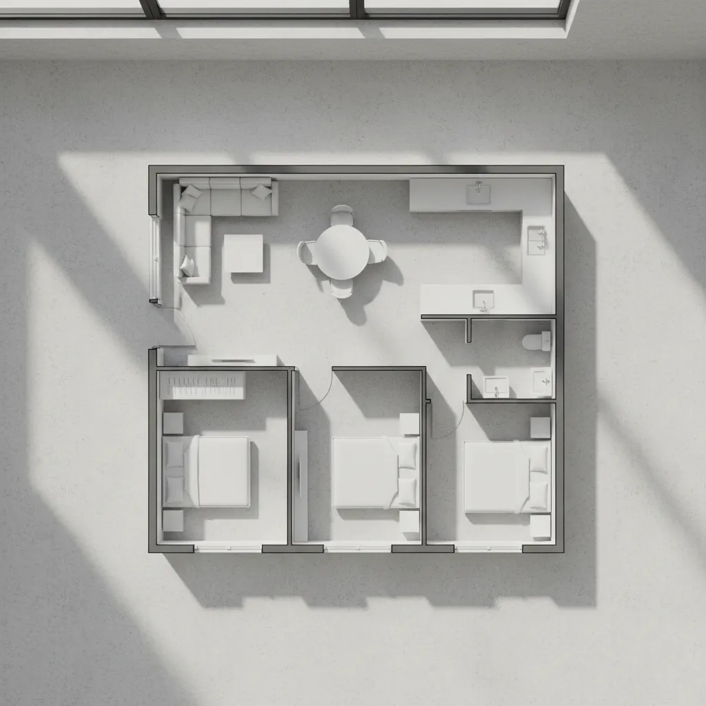 Top down interior design drawing of a three bedroom apartment kitchen dining and living area