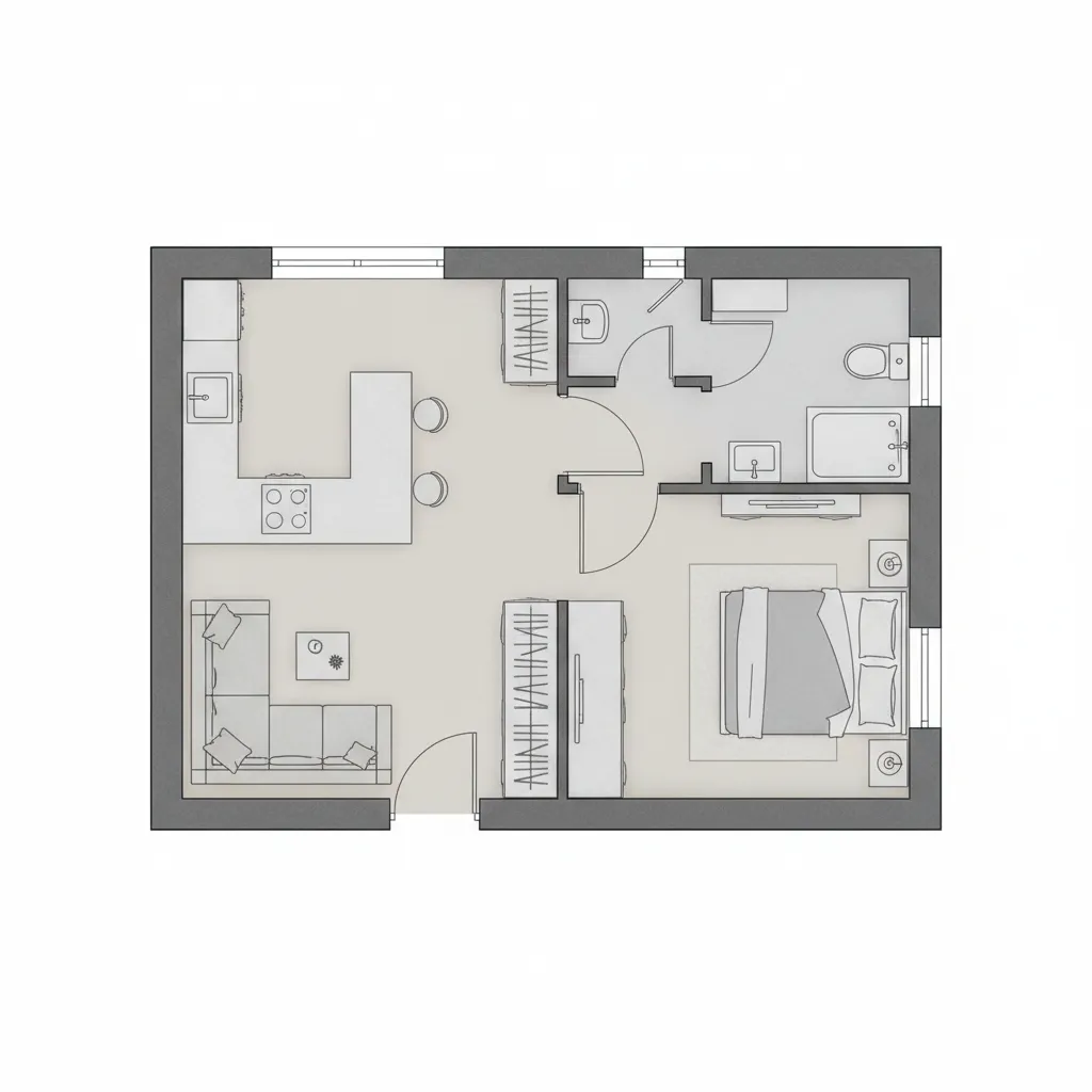 Small apartment floor plan showing sofa, kitchen with breakfast bar, bedroom, and modern bathroom layout