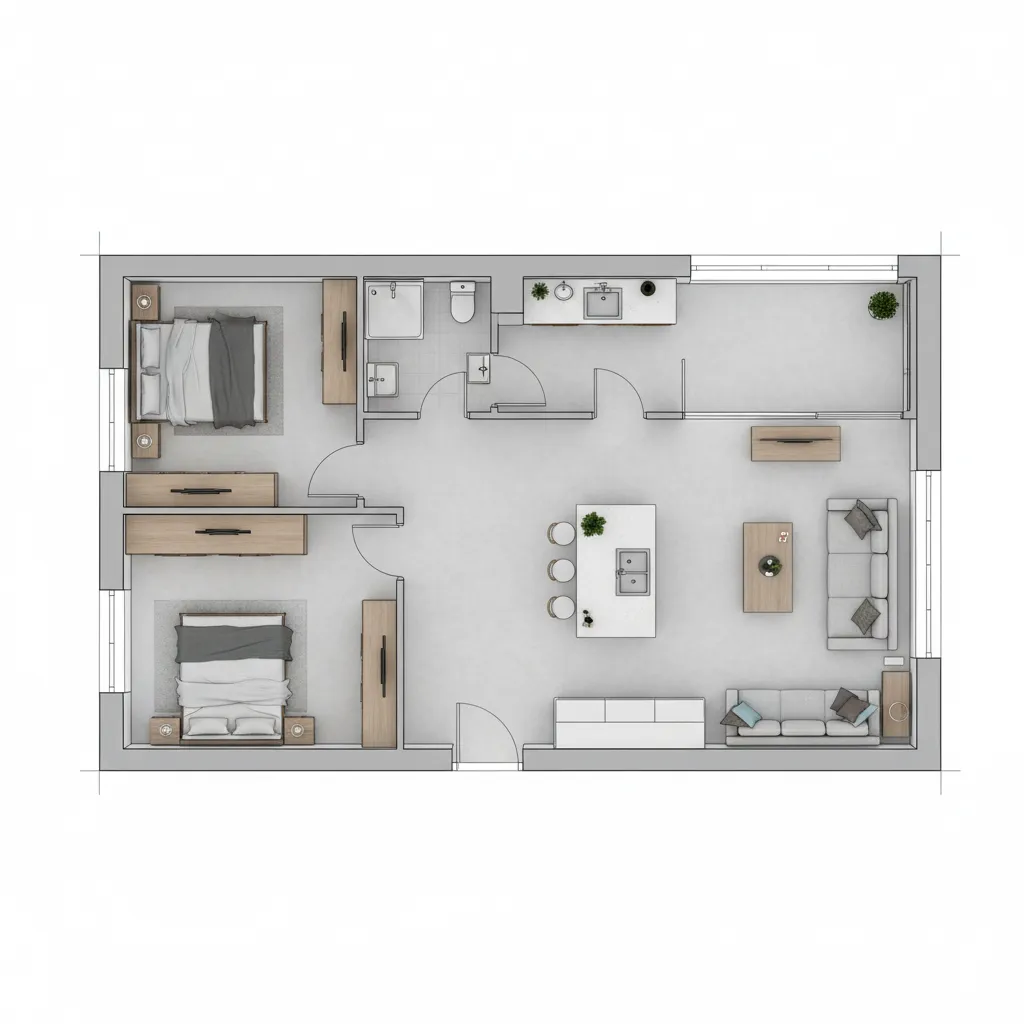 Interior design drawing of house showing two bedrooms and open kitchen with a white island