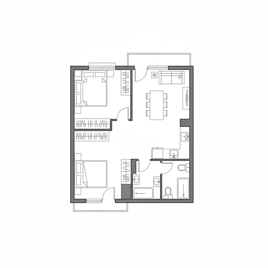 Simple black and white 2D floor plan layout showing three bedrooms and a living area