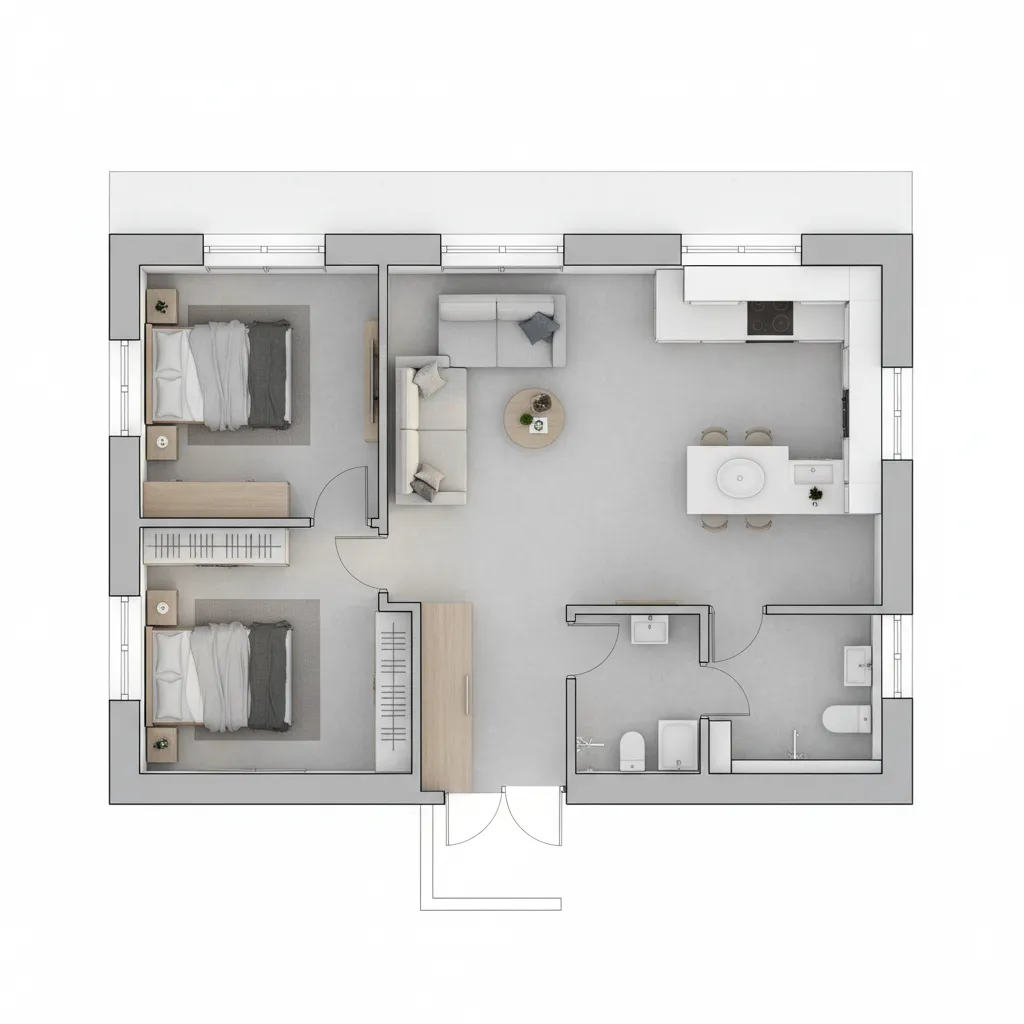 Interior design drawing of house showing two bedrooms and living room with a grey sofa