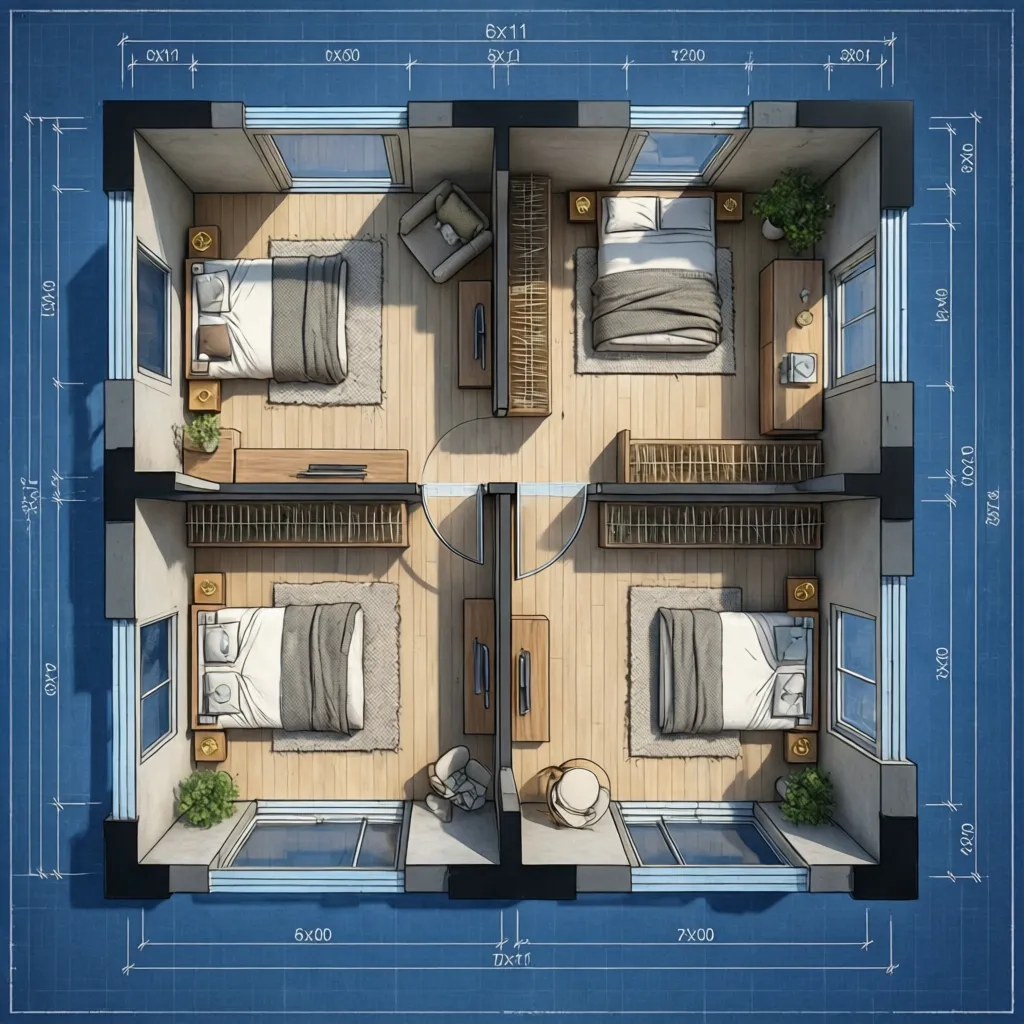 Denah rumah kecil dengan tiga kamar tidur