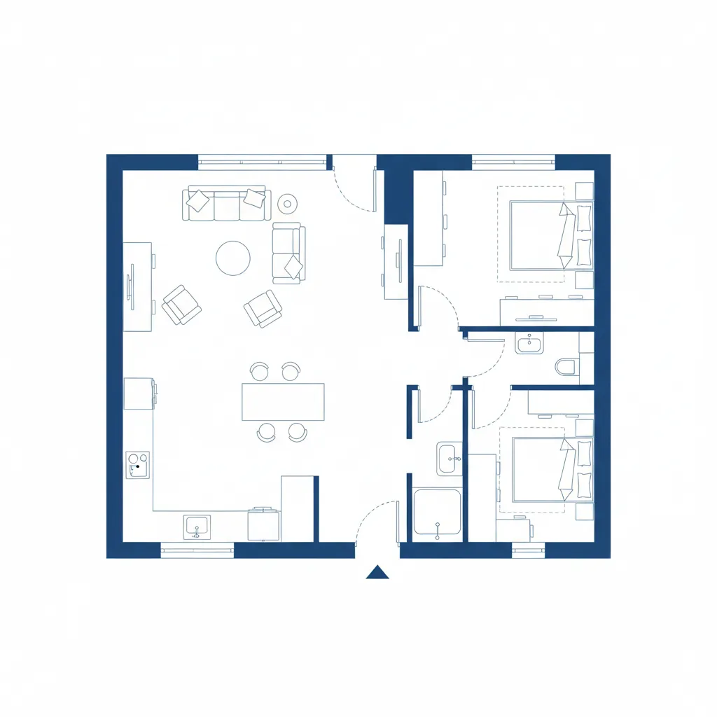 Blue line interior design drawing showing two bedroom house layout with living room and kitchen