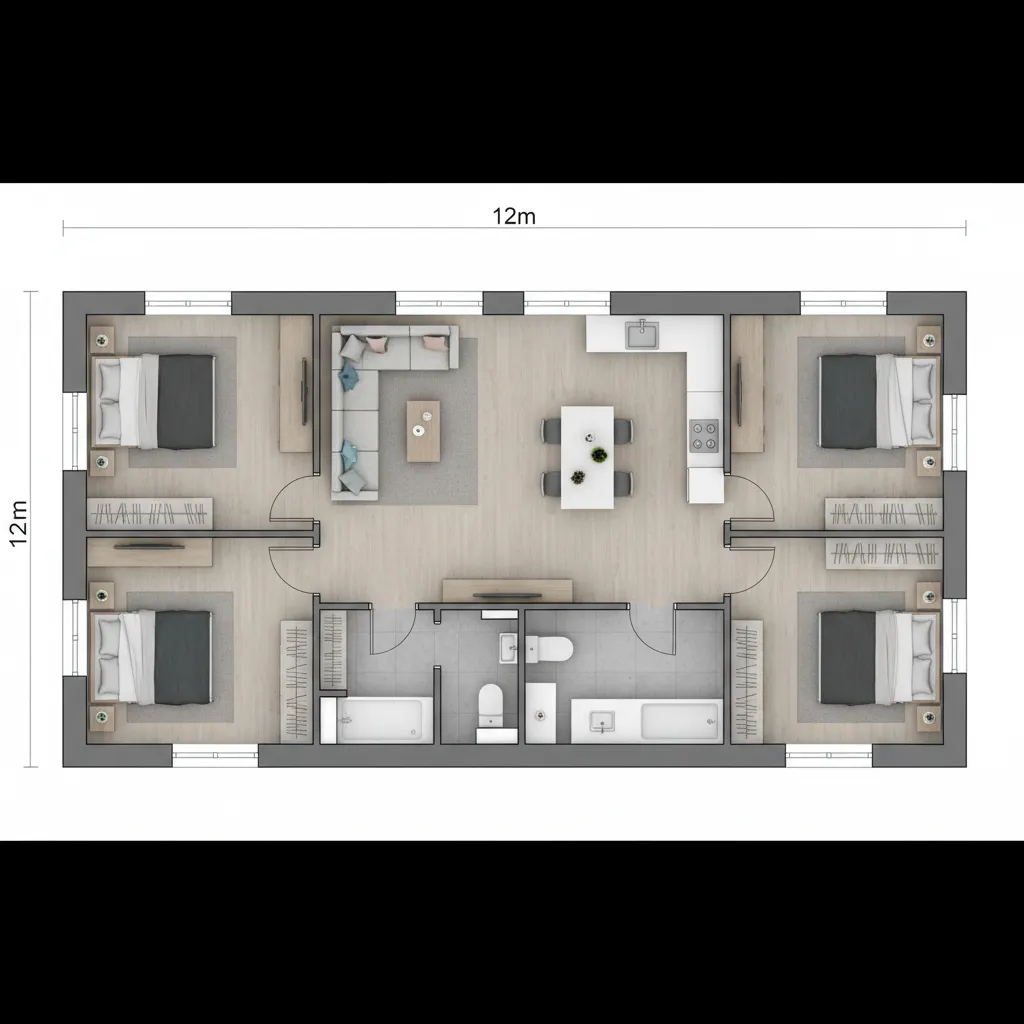 Modern floor plan layout with dimensions showing four bedrooms two bathrooms and an open kitchen