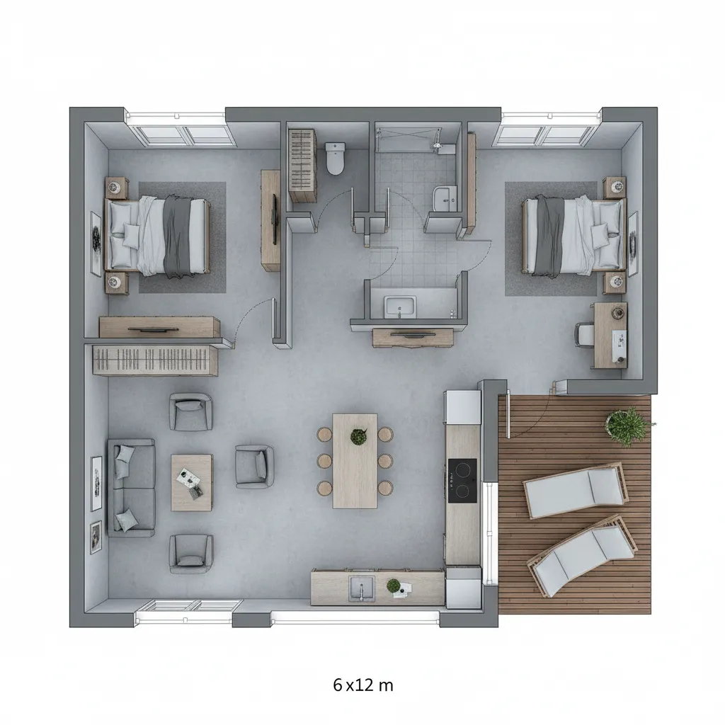 Interior design drawing of a small house with two bedrooms living area and wooden deck