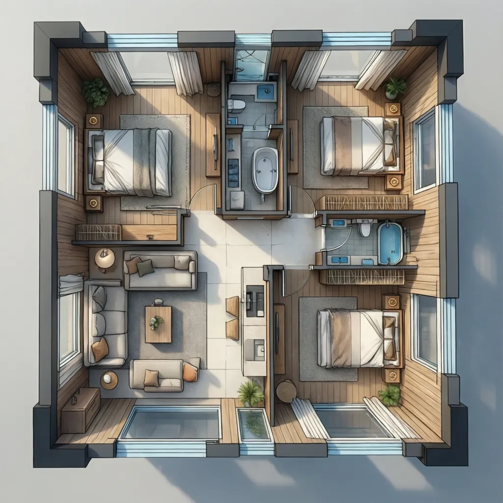 Top-down 3D interior design drawing showing a living room, kitchen, three bedrooms, and two bathrooms
