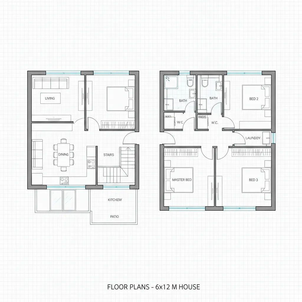 Contoh denah rumah dua lantai ukuran 6x12 meter
