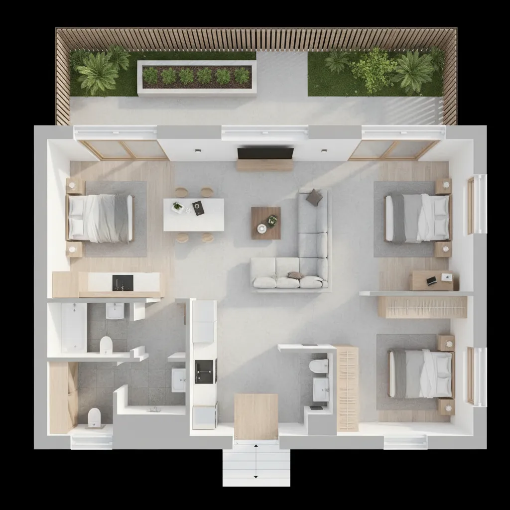 Top view interior design drawing showing three bedrooms, living area, kitchen, and small outdoor garden