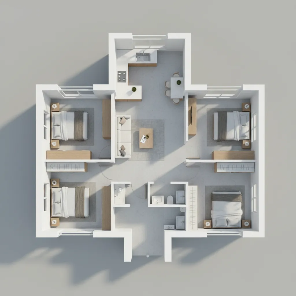 3D interior design drawing of a four bedroom house with a central living room area