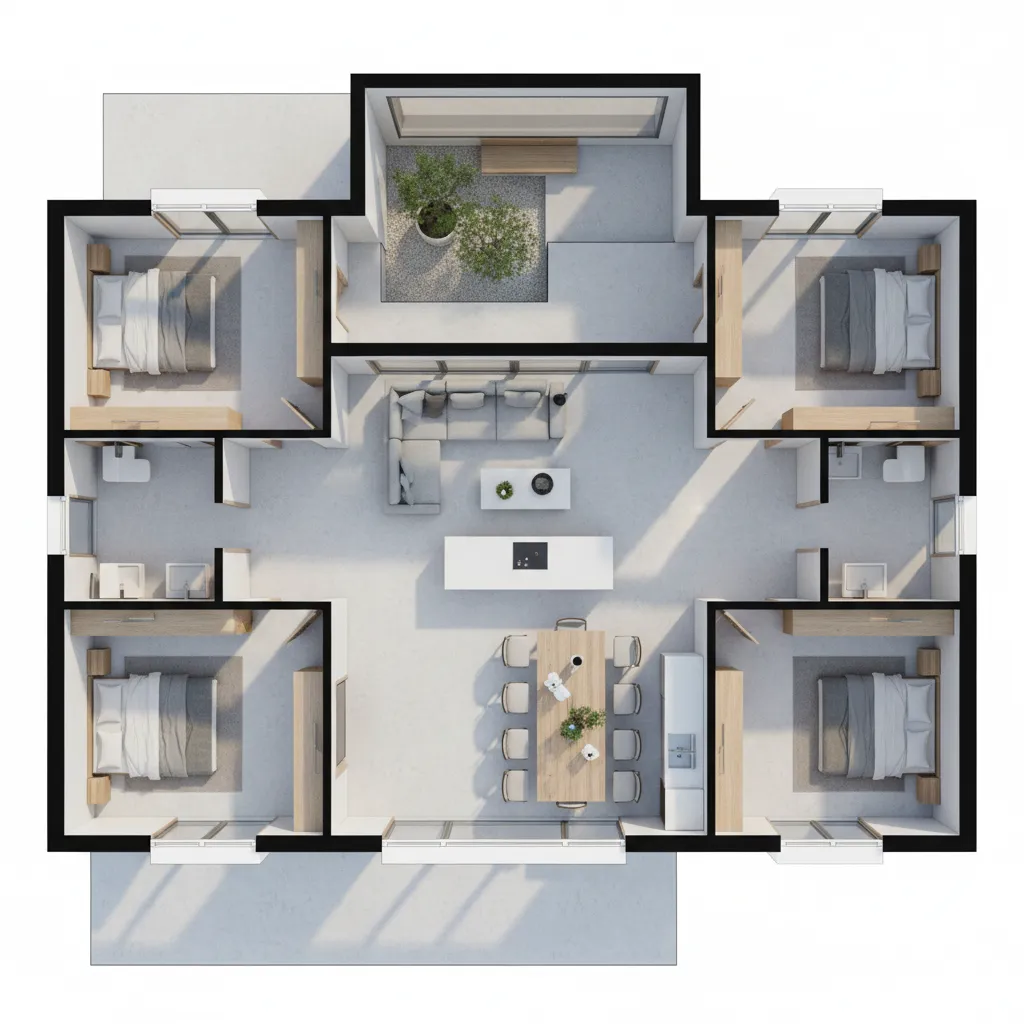 Modern 3D interior design drawing showing four bedrooms, central living area, and an internal courtyard