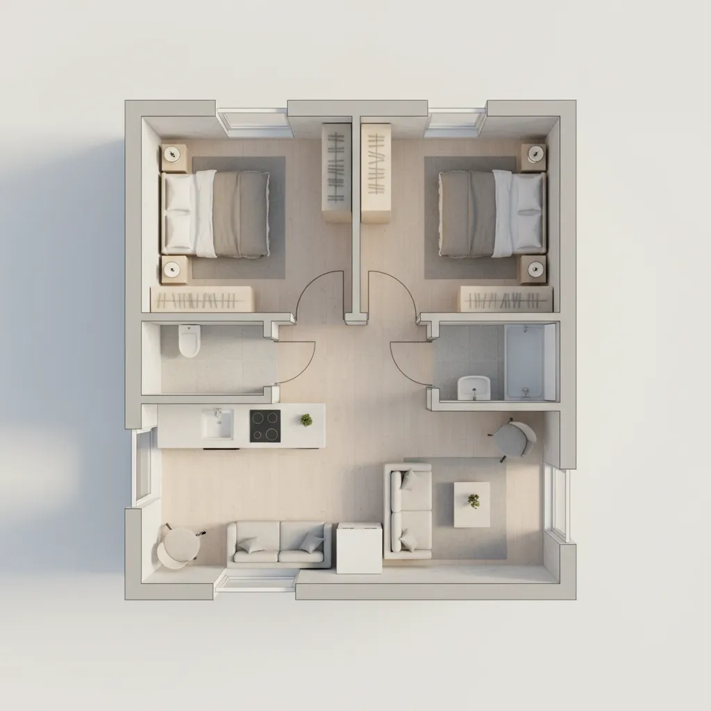 Interior design drawing showing a small two bedroom home layout with living kitchen and bathroom