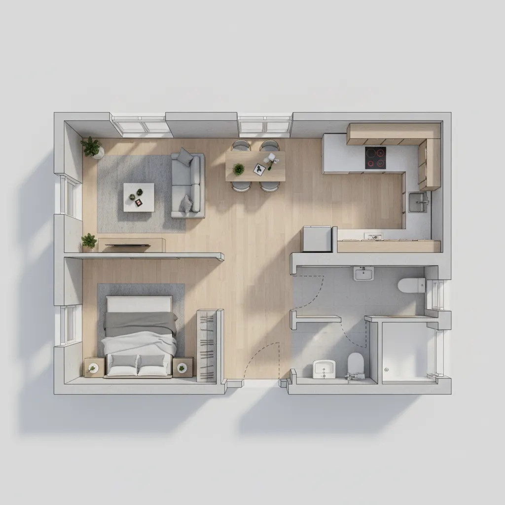Top down interior design drawing of one bedroom apartment with living room kitchen and bathroom