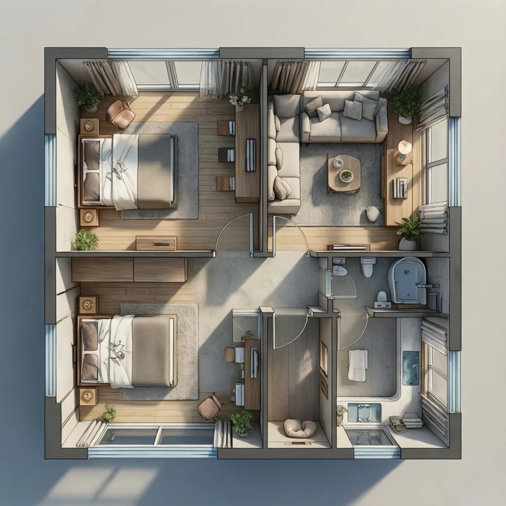 Denah Rumah 6x6 2 Kamar Tidur yang Fungsional