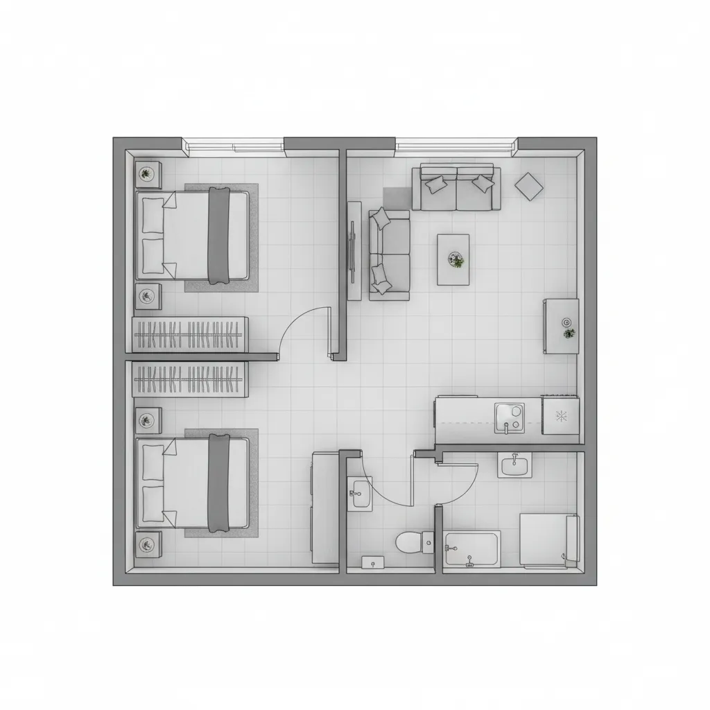 Denah rumah 6x6 dengan dua kamar tidur