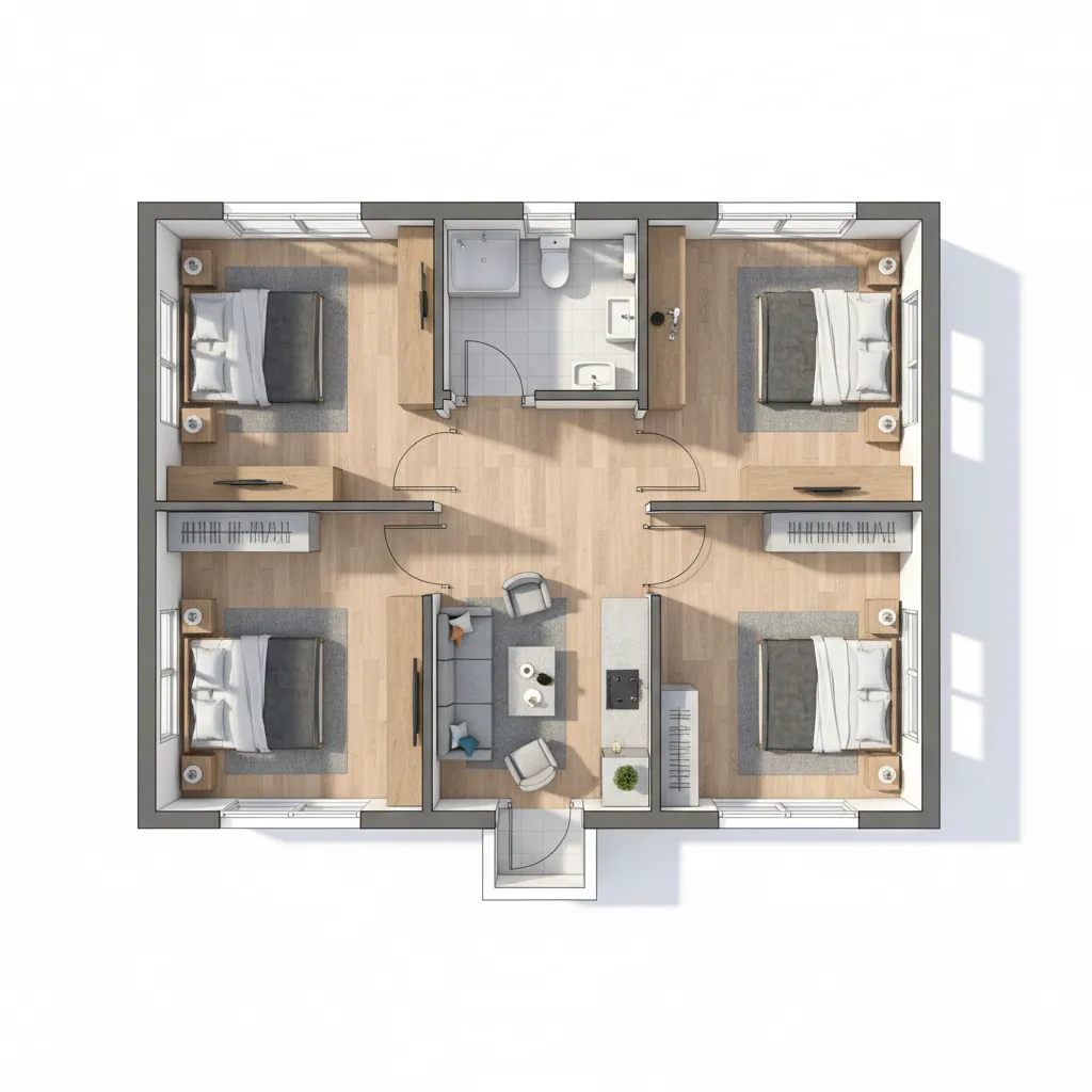 Top down interior design drawing showing four bedrooms, one bathroom, living room, and wood floor