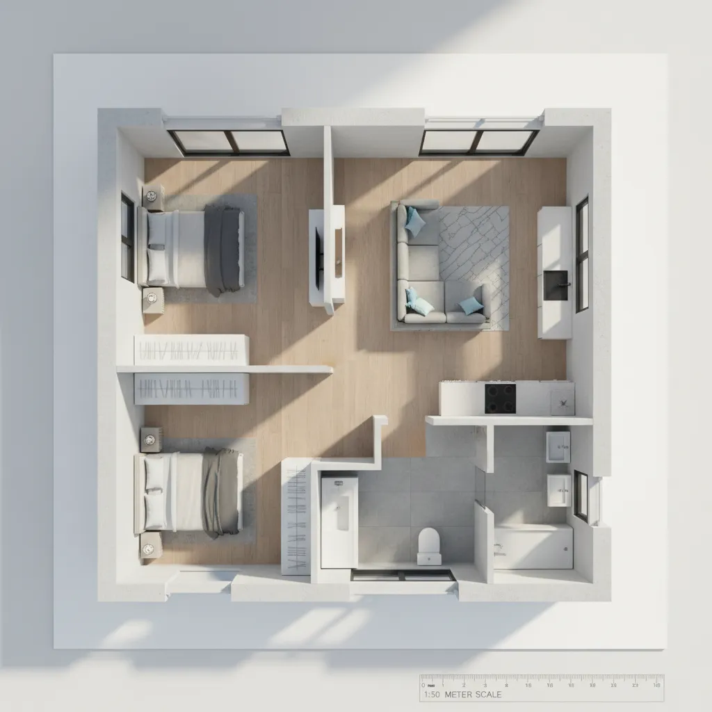 Denah Rumah 6x8 2 Kamar yang Nyaman & Efisien