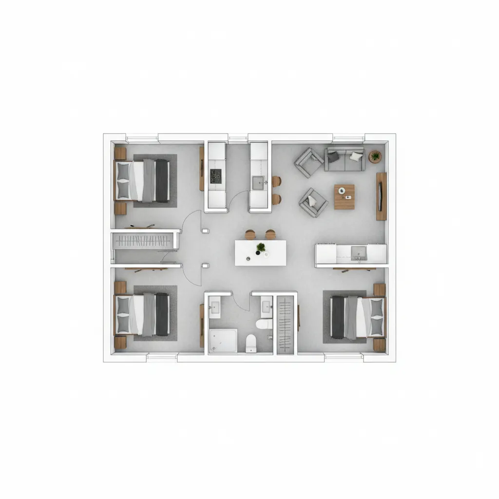 Top view interior design drawing of a three bedroom apartment with furniture kitchen and bathrooms