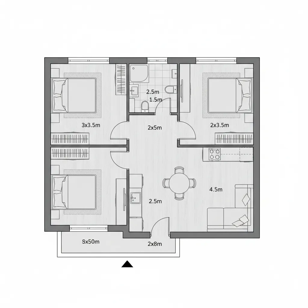 Modern 2D floor plan featuring three bedrooms, one bathroom, kitchen, living area, and a balcony