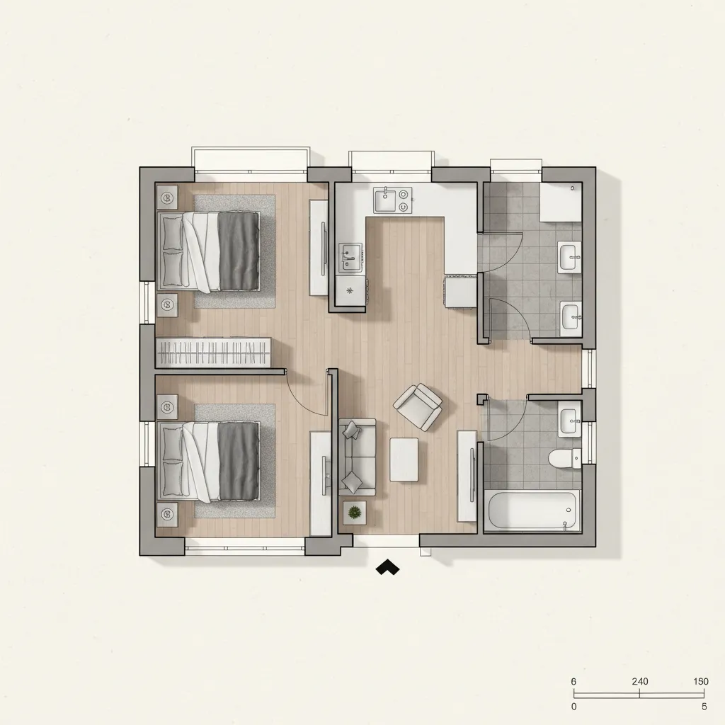 Detailed floor plan showing wooden floors, two bedrooms, two bathrooms, kitchen, and living room furniture