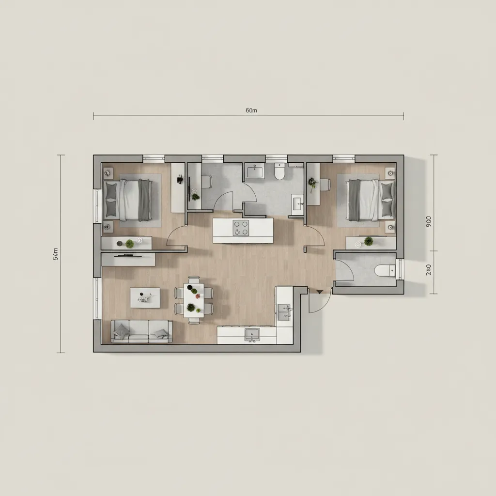 Denah Rumah 6x9 Meter 2 Kamar Tidur Fungsional