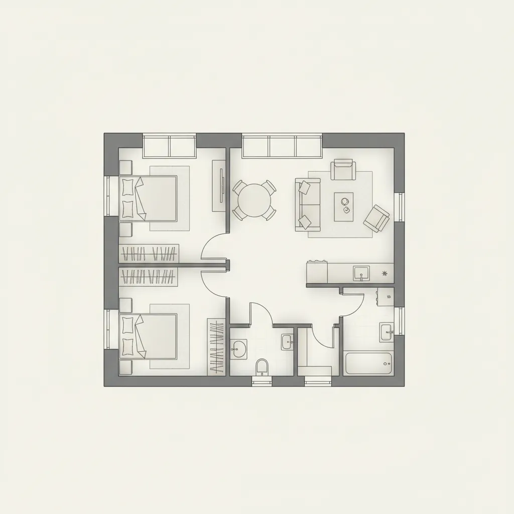 Simple floor plan layout showing two bedrooms living area dining table kitchen and two bathrooms