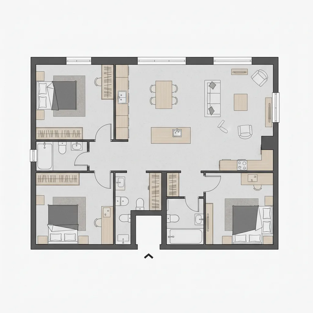 Clean interior design drawing of a three bedroom apartment layout including kitchen and living area