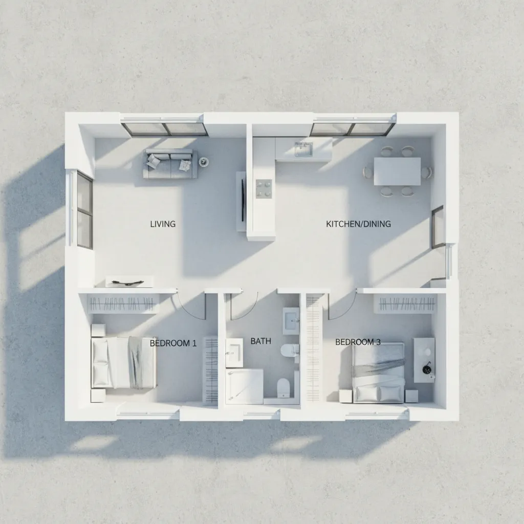 Modern 3D floor plan showing living room kitchen dining area two bedrooms and a bathroom