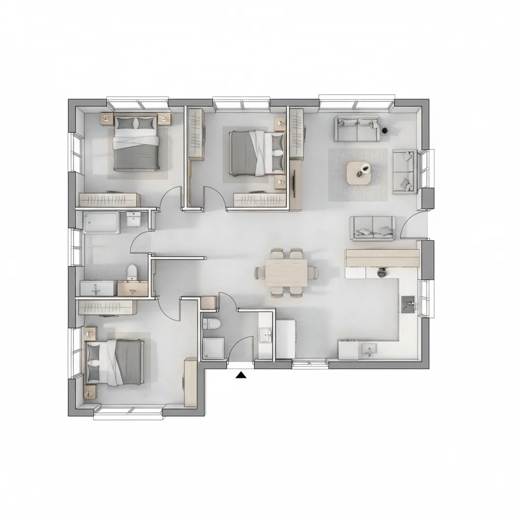 Top down interior design drawing of small home with three bedrooms and one living room