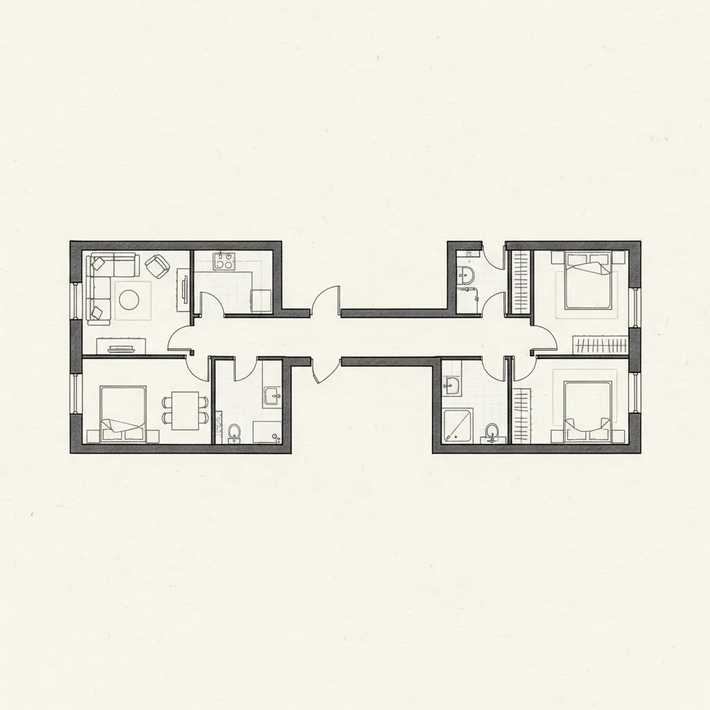 Ilustrasi denah rumah kecil dengan koridor panjang