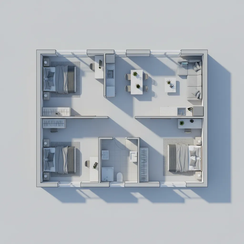 3D interior design drawing showing three bedrooms, living room, dining area, kitchen, and a bathroom