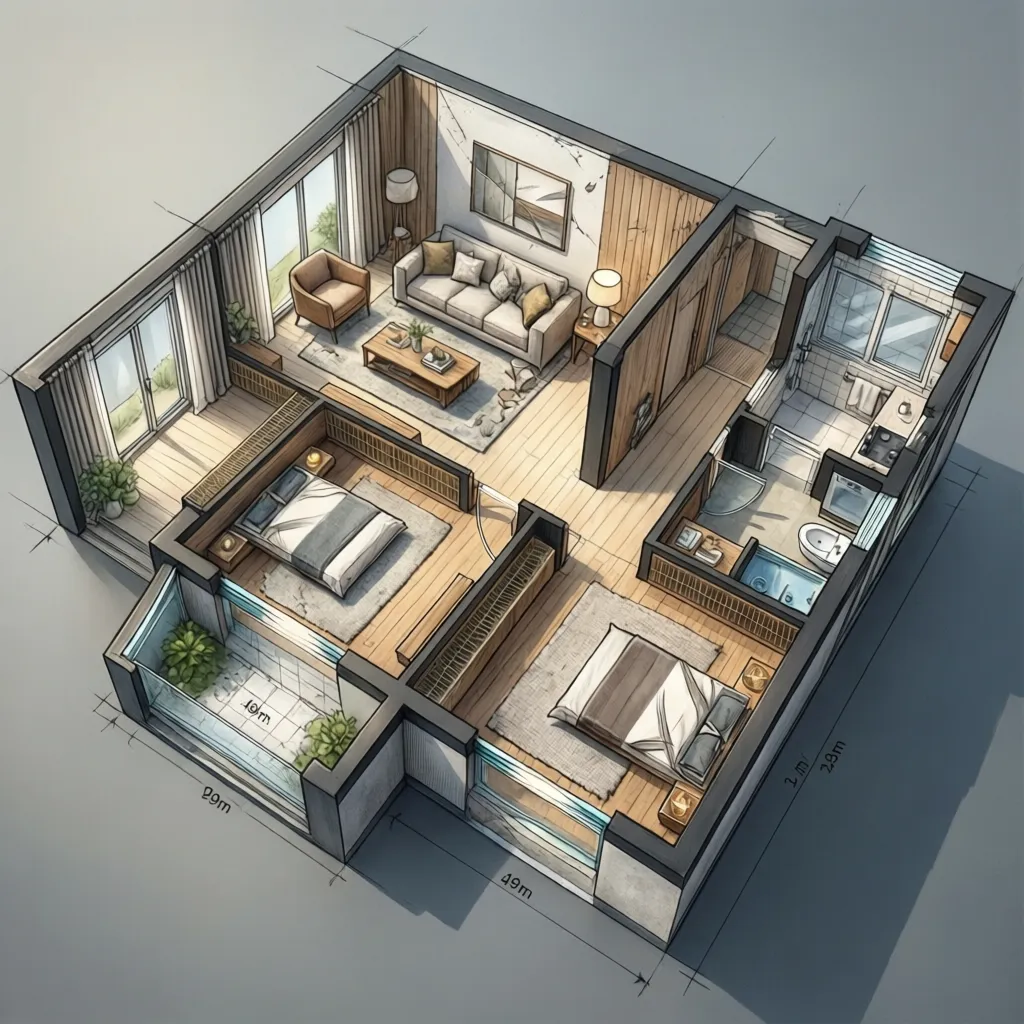 Denah rumah kecil 6x9 dengan tiga kamar tidur