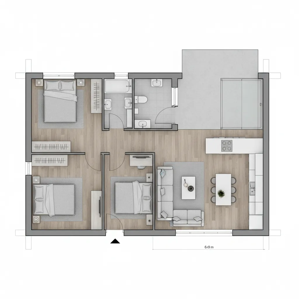 Modern two dimensional floor plan layout showing three bedrooms living room kitchen and outdoor patio