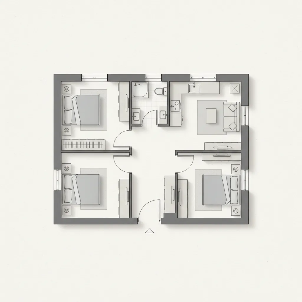 Interior design drawing of a three bedroom house including living room kitchen and small bathroom