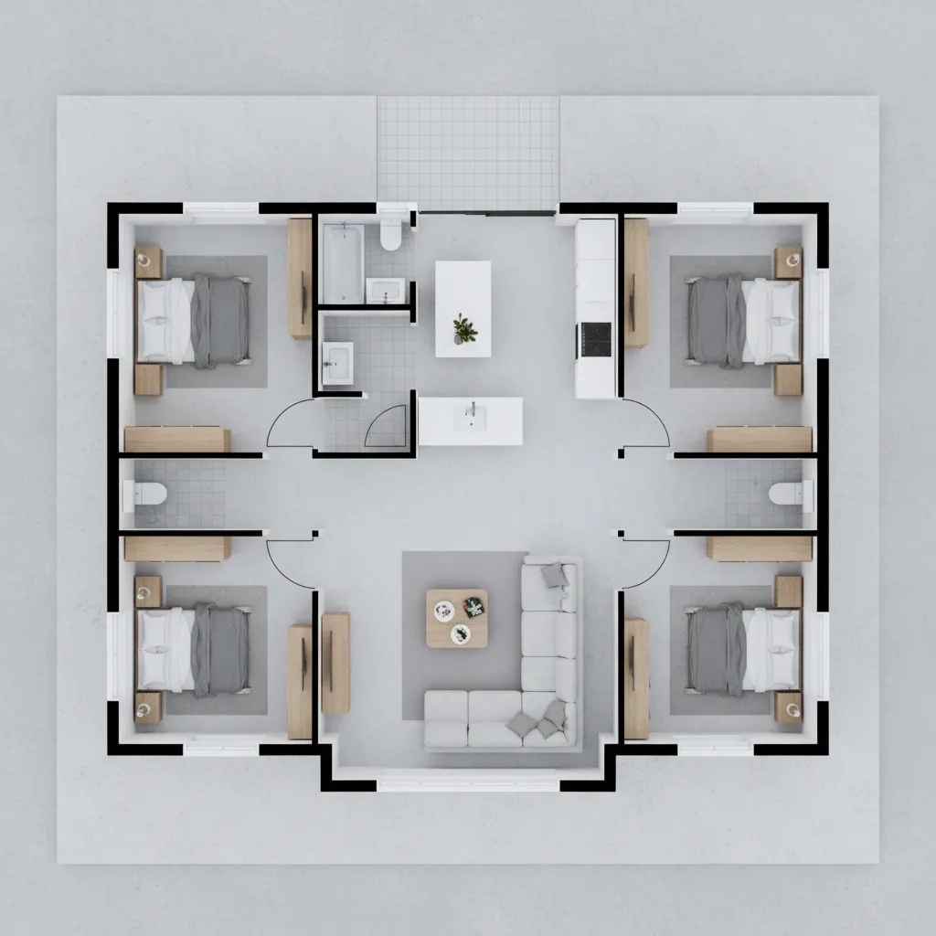 Symmetrical four bedroom house plan with large living room kitchen island and multiple small bathrooms