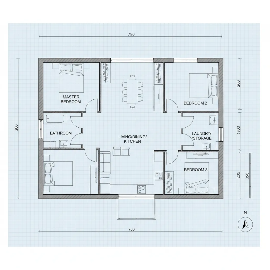 2D black and white house floor plan showing three bedrooms one bathroom kitchen and laundry area