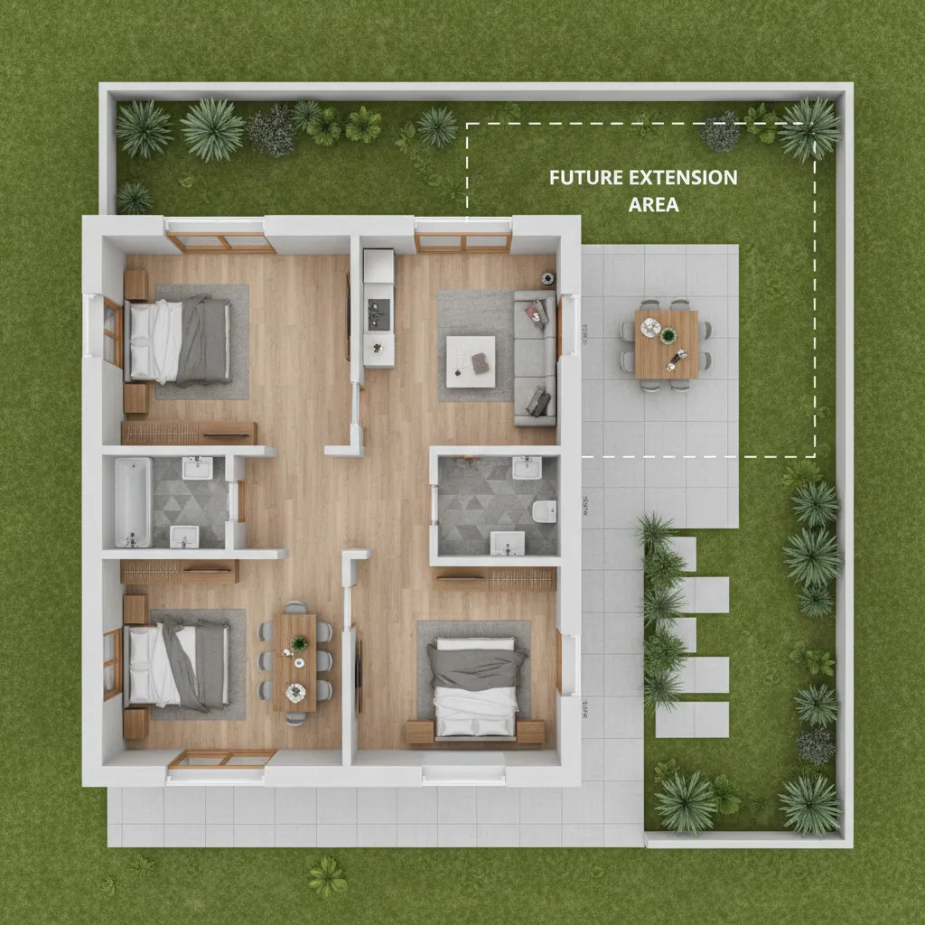 Denah rumah type 72 dengan area pengembangan di belakang