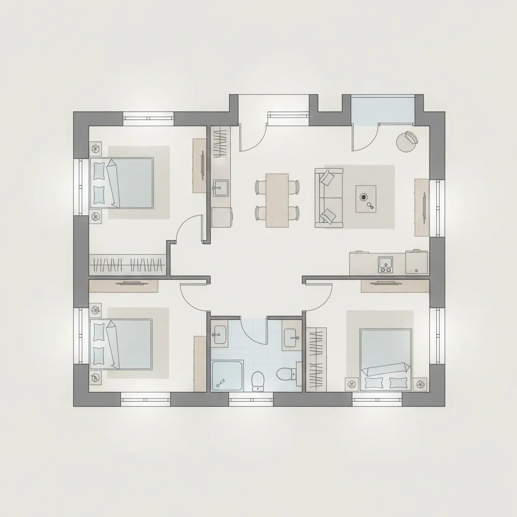 Detailed 2D house floor plan featuring three bedrooms, a central living area, and open kitchen