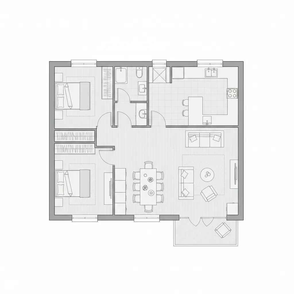 Denah rumah ukuran 7x11 dengan dua kamar dan ruang terbuka