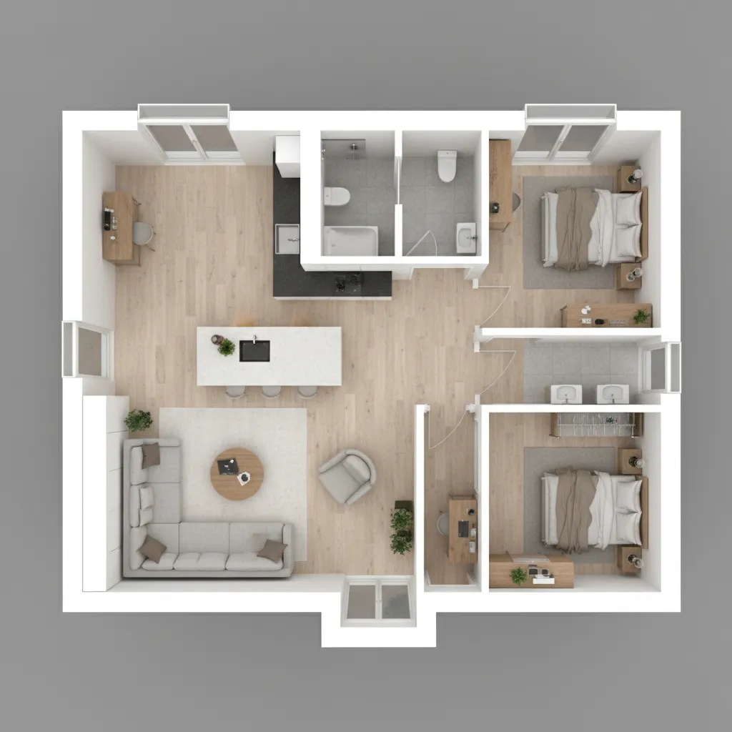 Denah Rumah Minimalis 7x12 3 Kamar Tidur 3D