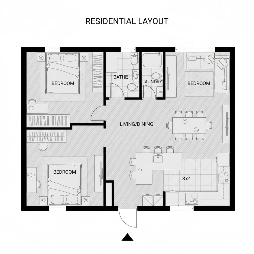 A 2D floor plan showing three bedrooms a living dining area laundry and a bathroom
