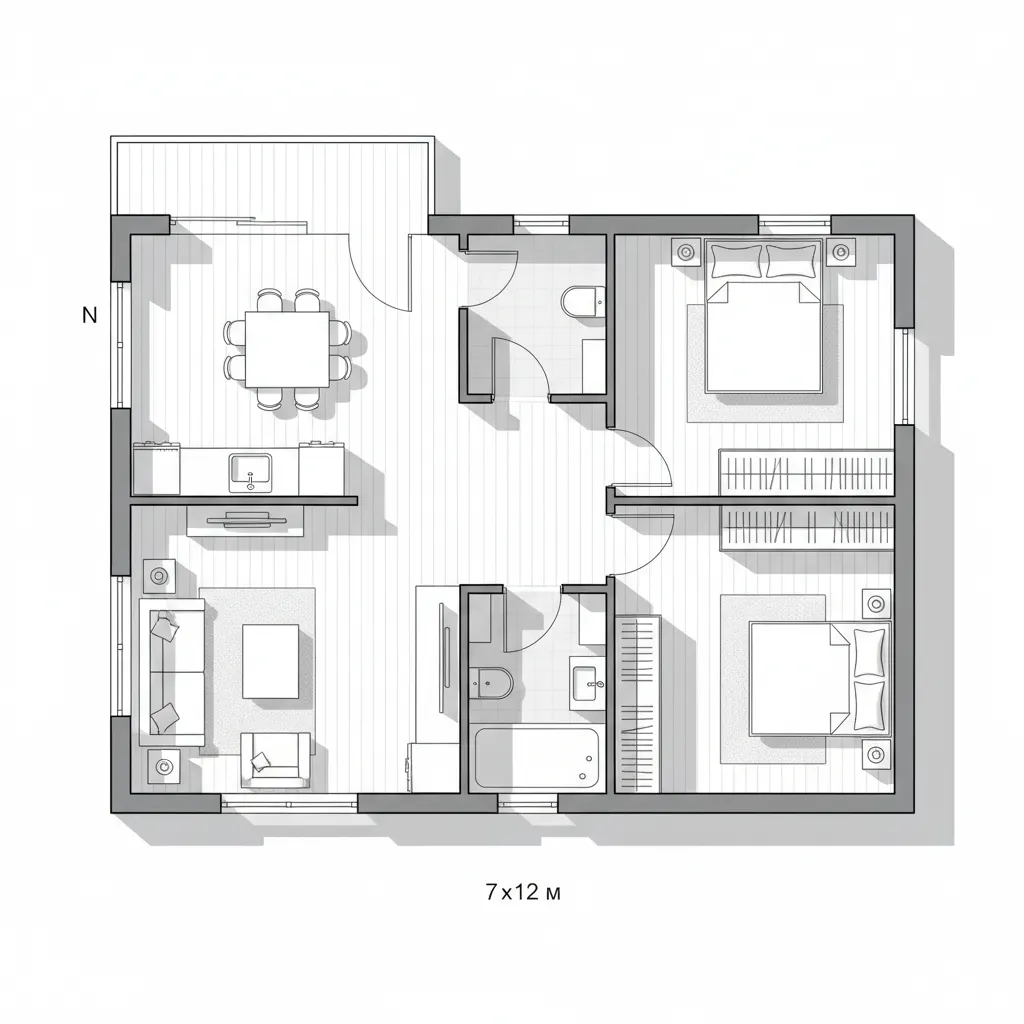 Black and white two bedroom floor plan showing living room dining area kitchen and bathroom