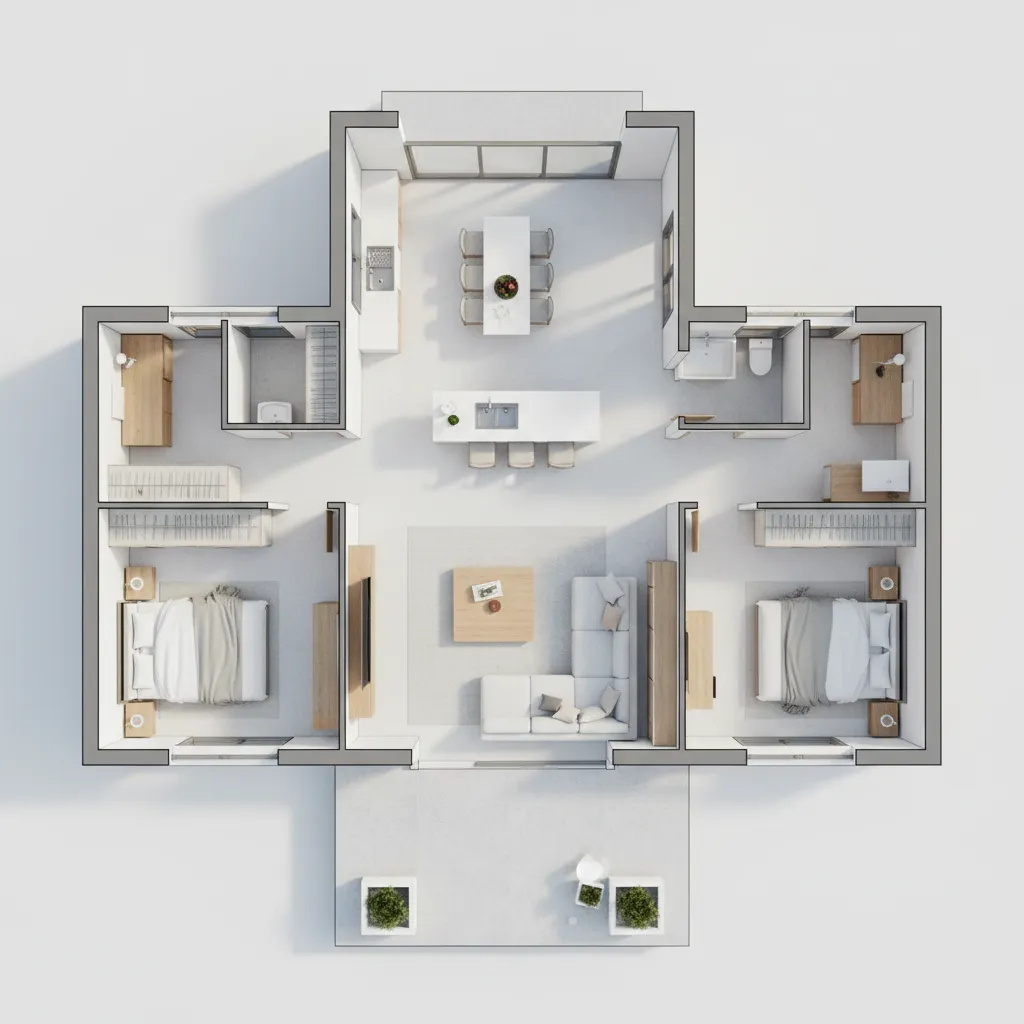 3D interior design drawing showing two bedrooms living room kitchen and a small dining area